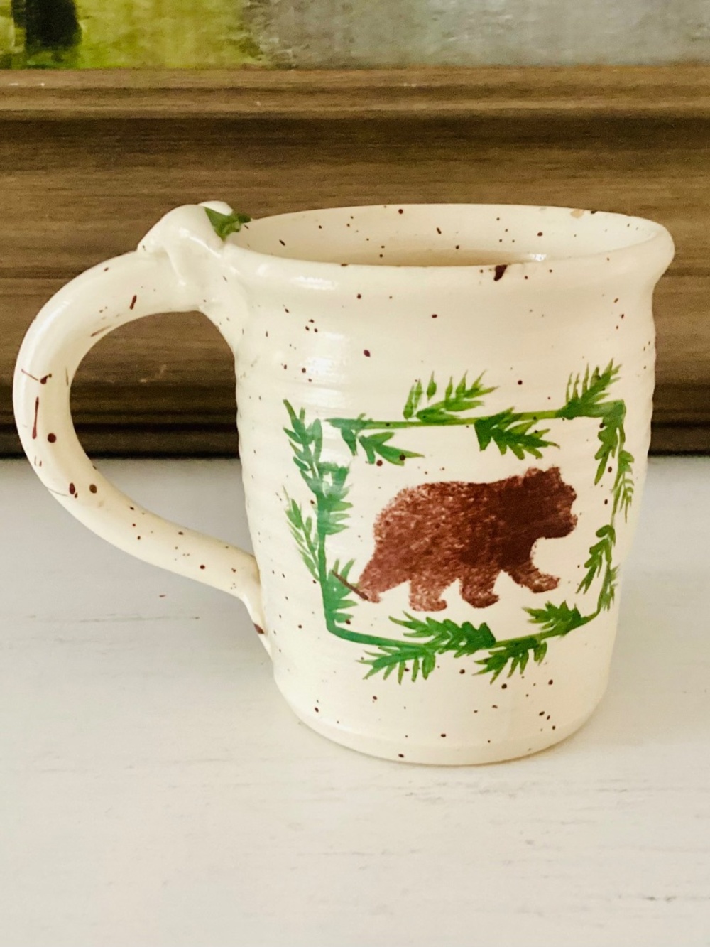 Studio Pottery Cream Speckled Glaze Stoneware Mug Bear Hand Painted Olson USA
